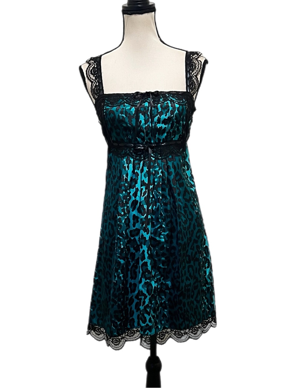 Vintage Betsey Johnson Leopard Print Sheer Lace Ribbon Milkmaid Dress